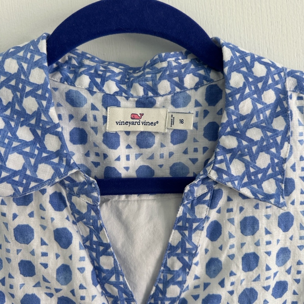 Vineyard Vines painted blue and white rattan print dress size 16 EUC msrp $98 - Picture 6 of 11